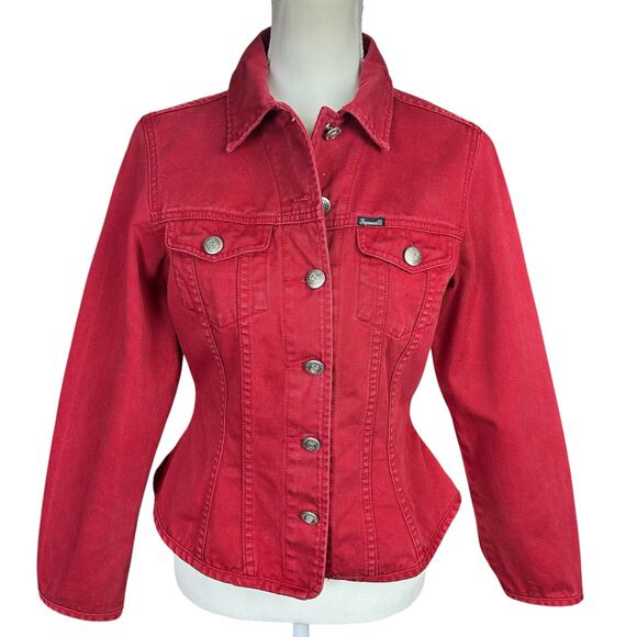 Faconnable Denim Jacket Women Size Small Red Button Up Peplum French Classic - Picture 1 of 14